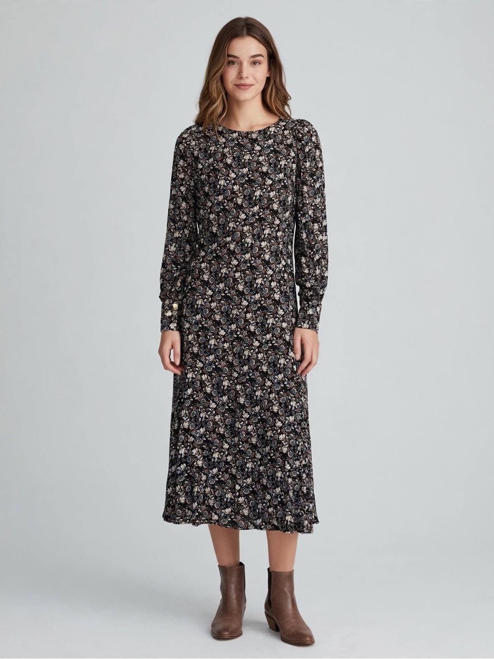 NWT LOFT Black Floral Midi Dress with Long Sleeves Size 4